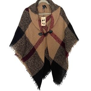 Modena plaid wrap fringed poncho